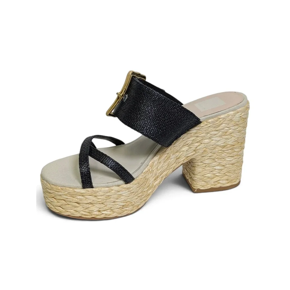 Dolce Vita Edwina Platform Black Raffia Woven Block Heel Bamboo Buckle Mules 9